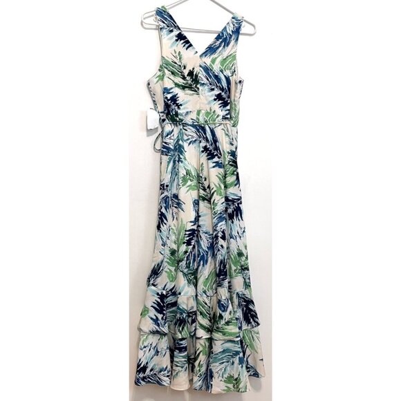 NEW NWT ADELYN RAE Nevina Ruffle Wrap Front Maxi Dress Multi Palm Leaf Tropical - Picture 13 of 16